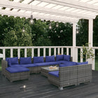 0-Delige Loungeset Met Kussens Poly Rattan Grijs En Donkerblauw 2x hoek + 5x midden + 2x voetensteun + Tafel