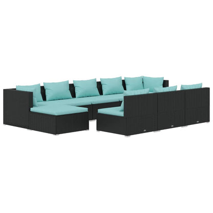 0-Delige Loungeset Met Kussens Poly Rattan Zwart En Waterblauw 2x hoek + 6x midden + 2x voetensteun