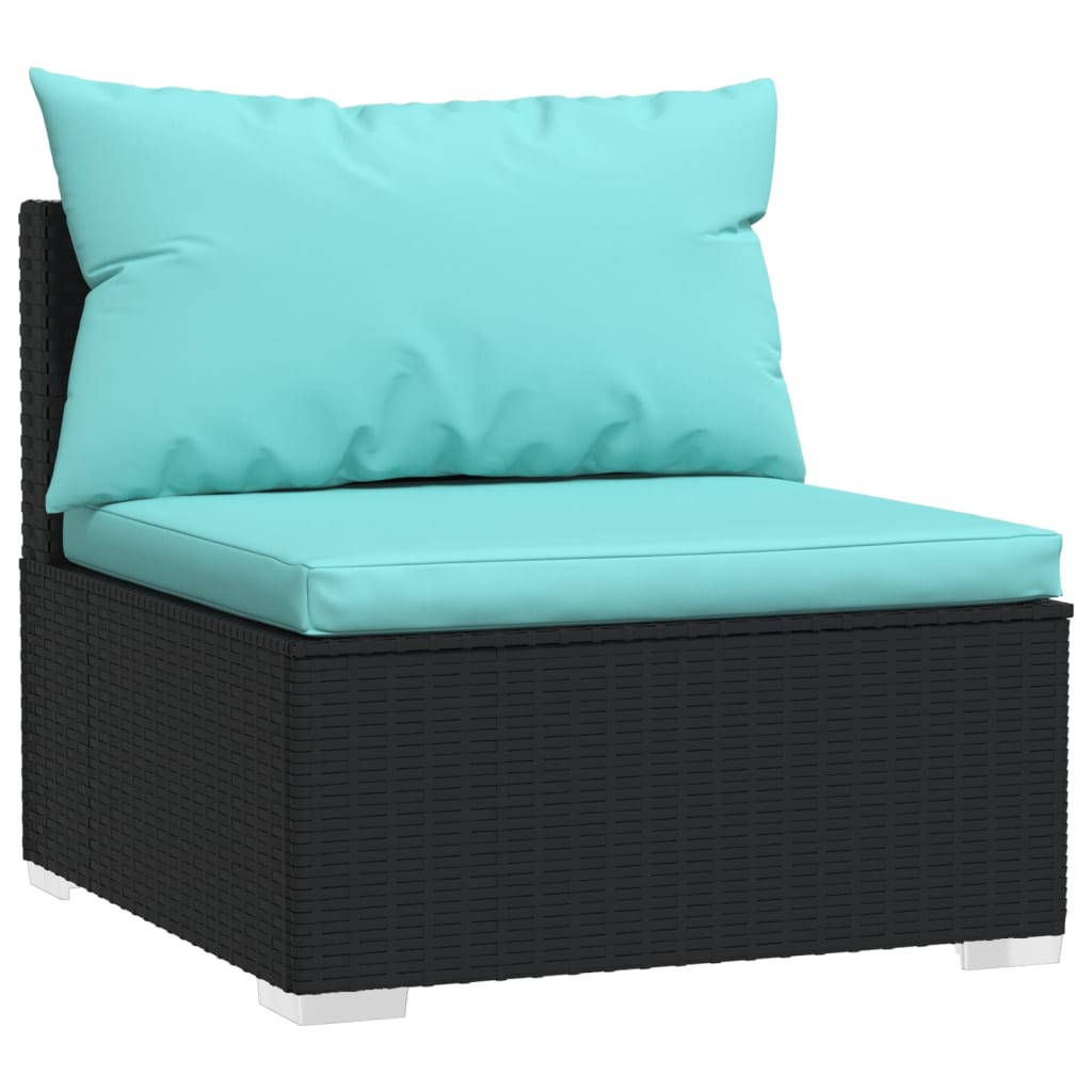 0-Delige Loungeset Met Kussens Poly Rattan Zwart En Waterblauw 2x hoek + 6x midden + 2x voetensteun