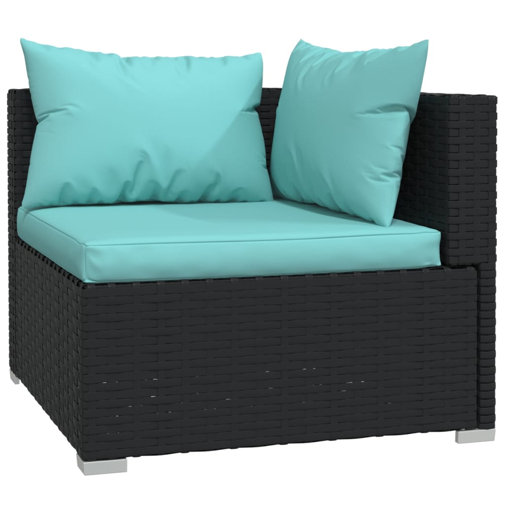0-Delige Loungeset Met Kussens Poly Rattan Zwart En Waterblauw 2x hoek + 6x midden + 2x voetensteun