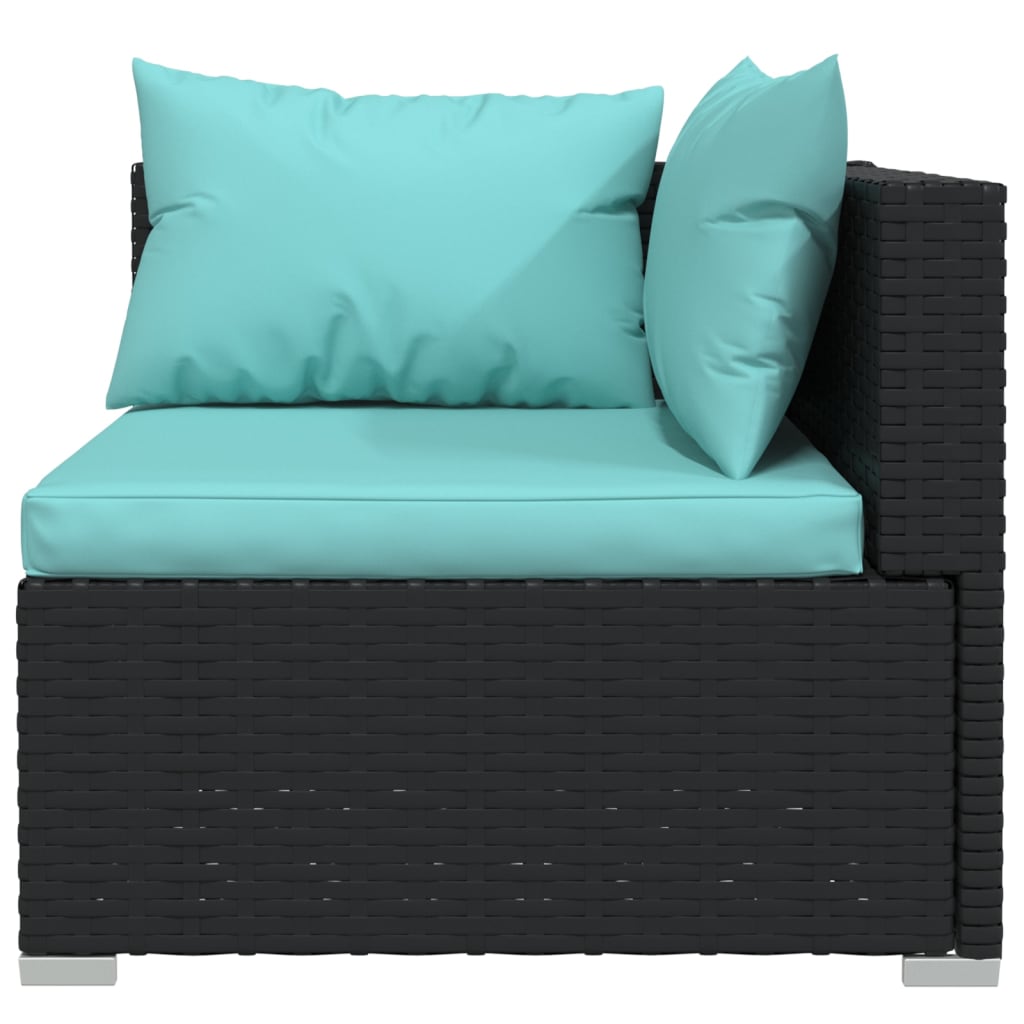0-Delige Loungeset Met Kussens Poly Rattan Zwart En Waterblauw 2x hoek + 6x midden + 2x voetensteun