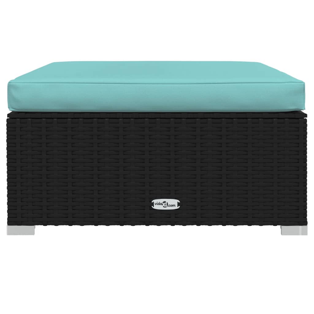 0-Delige Loungeset Met Kussens Poly Rattan Zwart En Waterblauw 2x hoek + 6x midden + 2x voetensteun