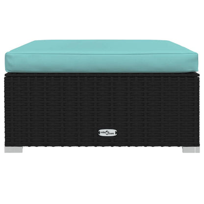 0-Delige Loungeset Met Kussens Poly Rattan Zwart En Waterblauw 2x hoek + 6x midden + 2x voetensteun