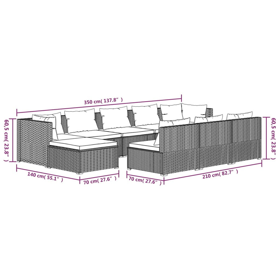 0-Delige Loungeset Met Kussens Poly Rattan Zwart En Waterblauw 2x hoek + 6x midden + 2x voetensteun