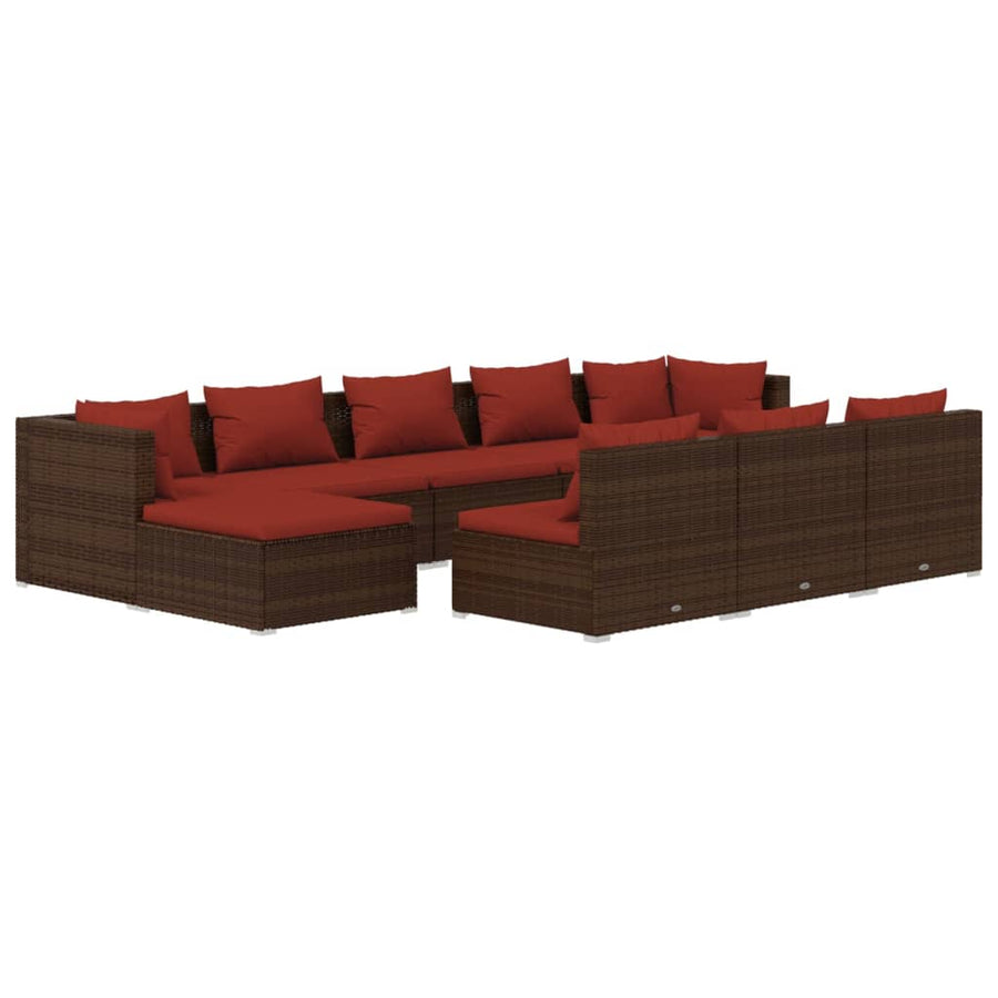 10-delige Loungeset met kussens poly rattan bruin Bruin en kaneelrood