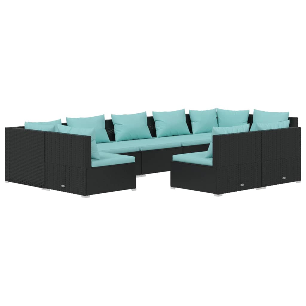 9-delige Loungeset met kussens poly rattan zwart