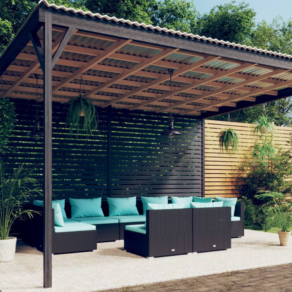 9-delige Loungeset met kussens poly rattan zwart