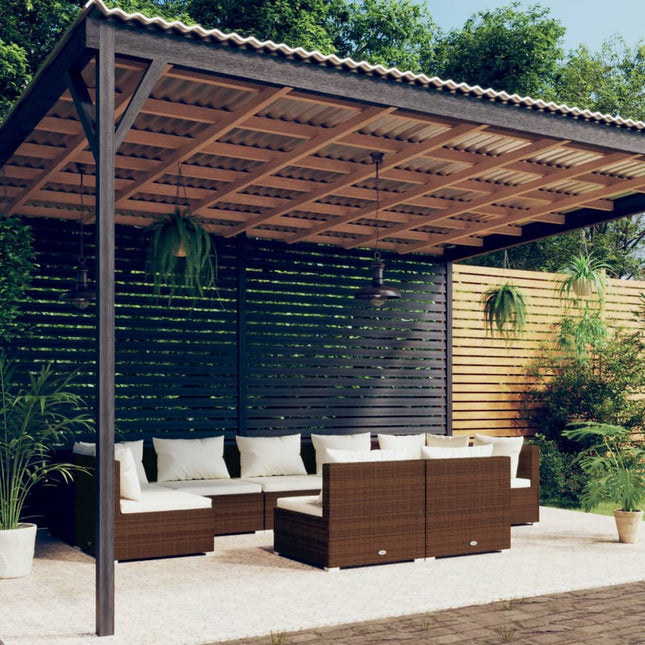 9-delige Loungeset met kussens poly rattan bruin 1 Bruin en crème