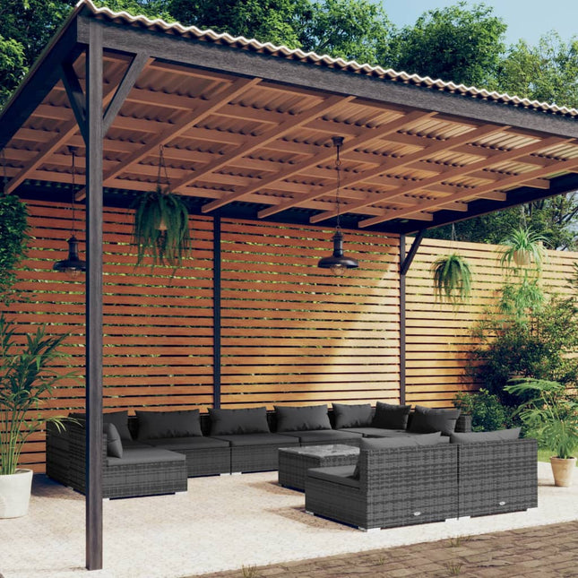 10-delige Loungeset met kussens poly rattan grijs 2x hoek + 7x midden + Tafel