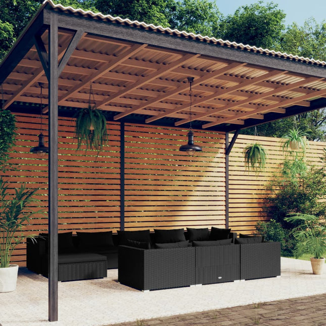 10-delige Loungeset met kussens poly rattan zwart 4x hoek + 4x midden + 2x voetensteun