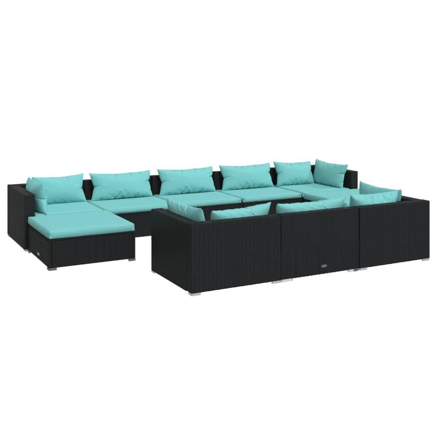 0-Delige Loungeset Met Kussens Poly Rattan Zwart En Waterblauw 4x hoek + 4x midden + 2x voetensteun