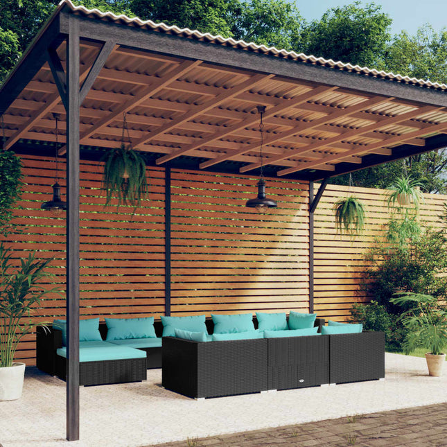 0-Delige Loungeset Met Kussens Poly Rattan Zwart En Waterblauw 4x hoek + 4x midden + 2x voetensteun