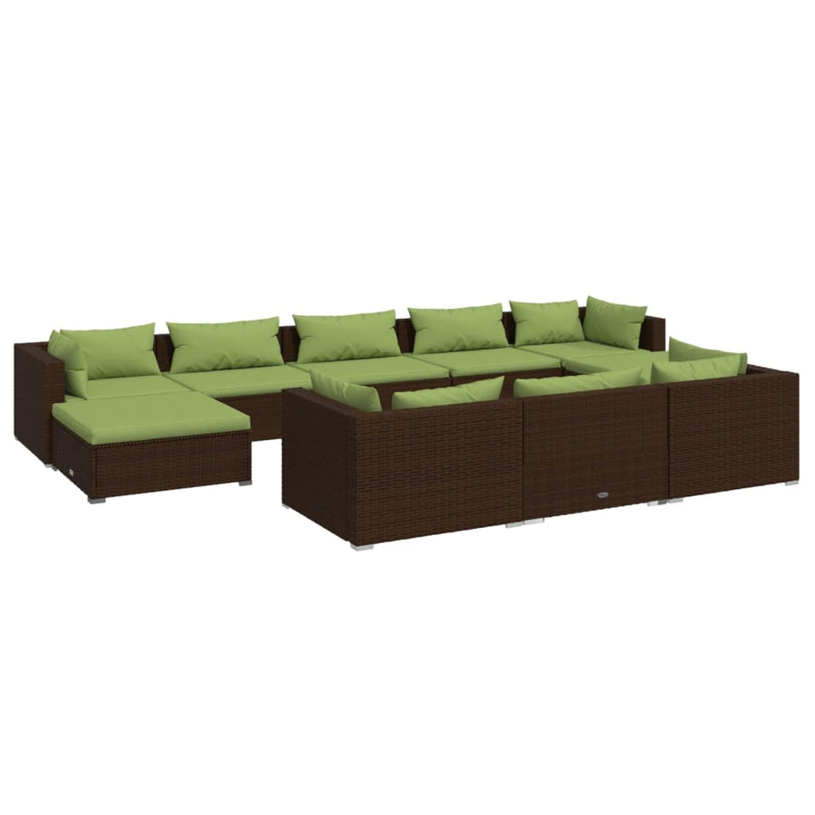 10-delige Loungeset met kussens poly rattan bruin Bruin en groen