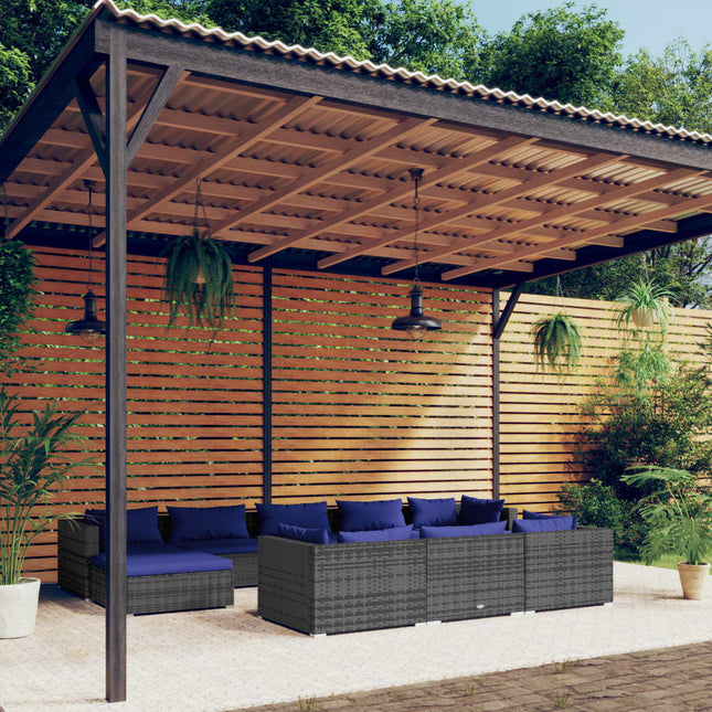 0-Delige Loungeset Met Kussens Poly Rattan Grijs En Donkerblauw 4x hoek + 4x midden + 2x voetensteun