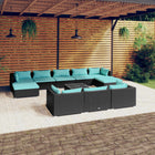 -Delige Loungeset Met Kussens Poly Rattan Zwart En Waterblauw 4x hoek + 4x midden + 2x voetensteun + Tafel