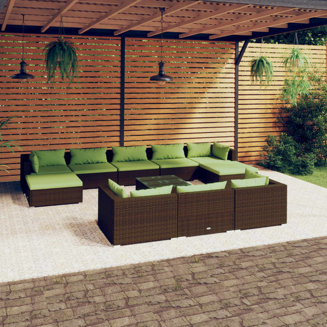 11-delige Loungeset met kussens poly rattan bruin Bruin en groen