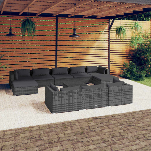 -Delige Loungeset Met Kussens Poly Rattan Grijs En Antraciet 4x hoek + 4x midden + 2x voetensteun + Tafel