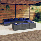 -Delige Loungeset Met Kussens Poly Rattan Grijs En Donkerblauw 4x hoek + 4x midden + 2x voetensteun + Tafel