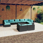 0-Delige Loungeset Met Kussens Poly Rattan Zwart En Waterblauw 4x hoek + 5x midden + Tafel