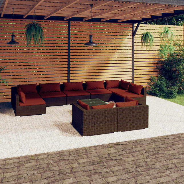 10-delige Loungeset met kussens poly rattan bruin Bruin en kaneelrood