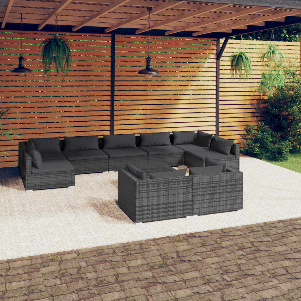 10-delige Loungeset met kussens poly rattan grijs