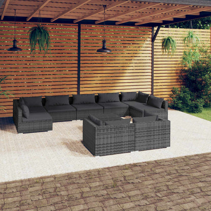 10-delige Loungeset met kussens poly rattan grijs