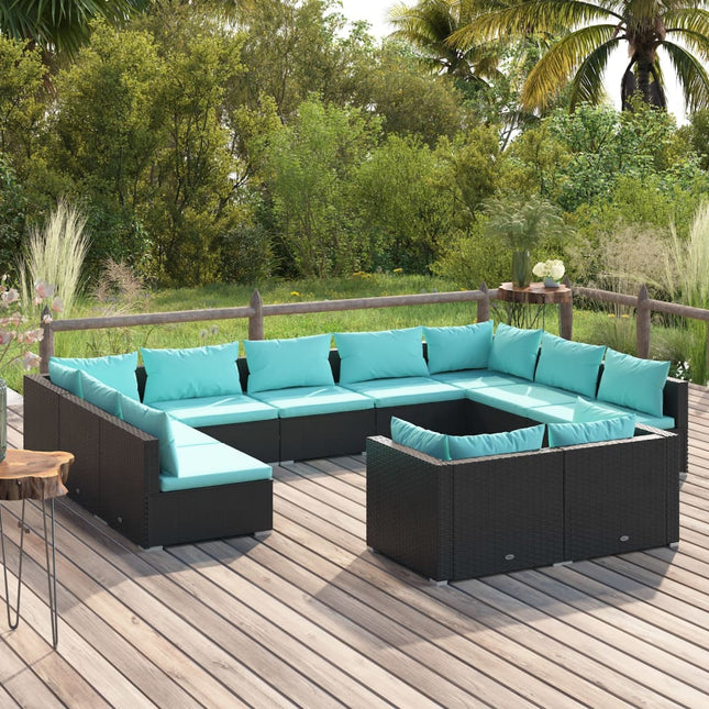 -Delige Loungeset Met Kussens Poly Rattan Zwart En Waterblauw 4x hoek + 7x midden