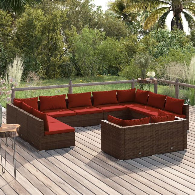 11-delige Loungeset met kussens poly rattan bruin 4x hoek + 7x midden