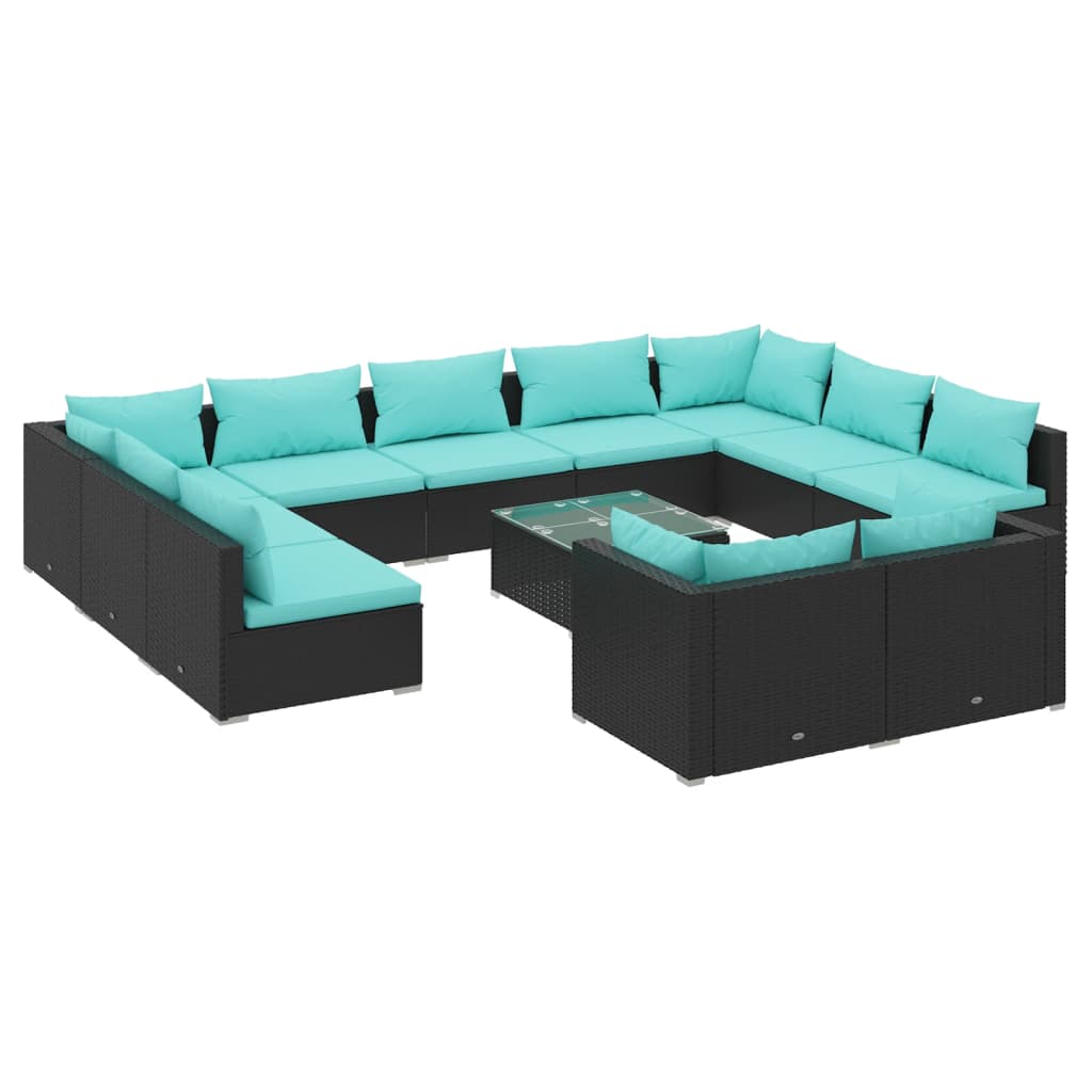 12-delige Loungeset met kussens poly rattan zwart