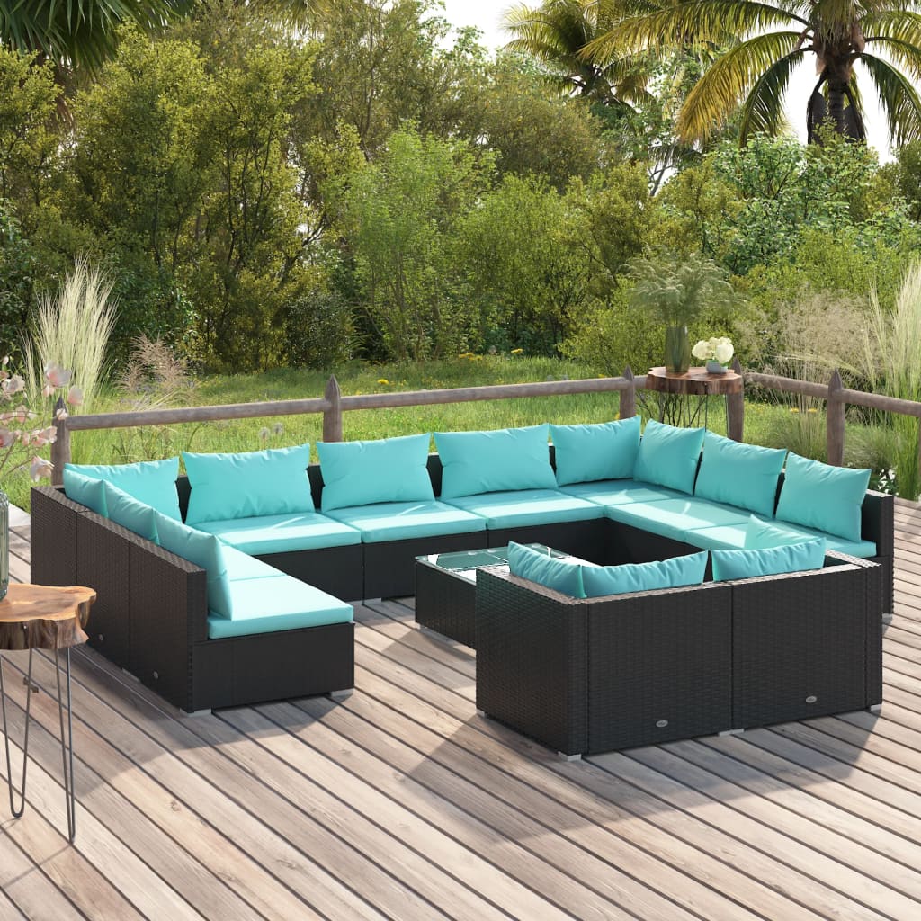 12-delige Loungeset met kussens poly rattan zwart
