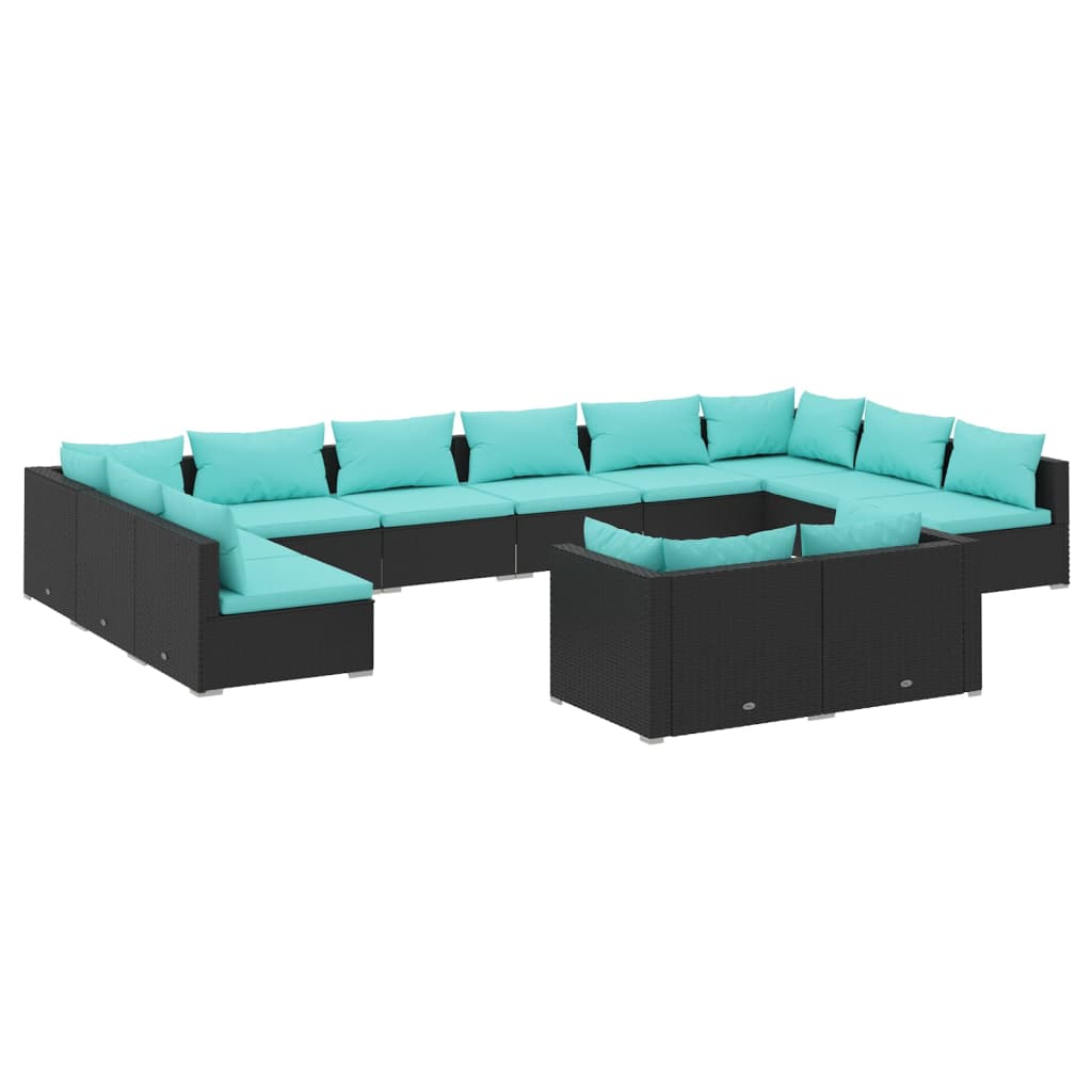 12-delige Loungeset met kussens poly rattan zwart