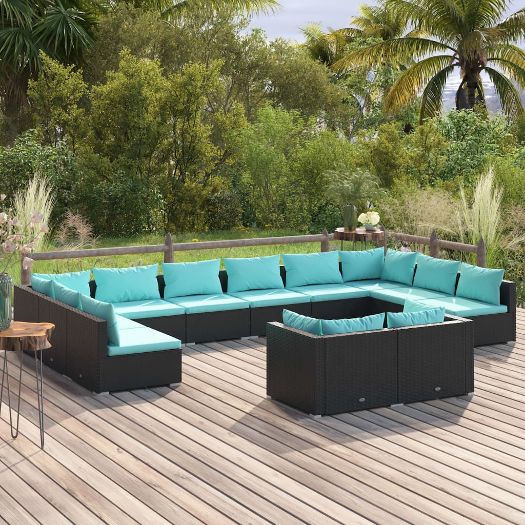 12-delige Loungeset met kussens poly rattan zwart