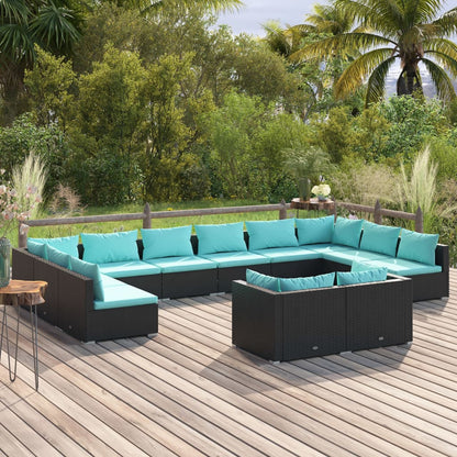 12-delige Loungeset met kussens poly rattan zwart