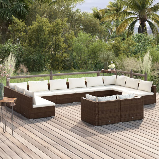 12-delige Loungeset met kussens poly rattan bruin Bruin en crème