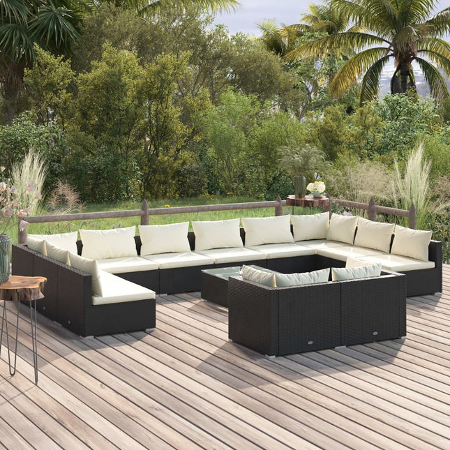 3-delige Loungeset met kussens poly rattan 4x hoek + 8x midden + Tafel