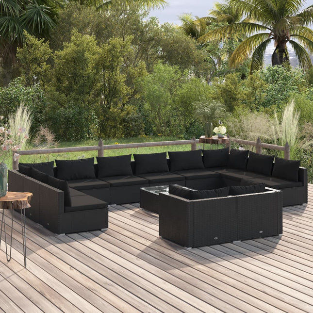 3-delige Loungeset met kussens poly rattan 4x hoek + 8x midden + Tafel