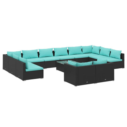 13-delige Loungeset met kussens poly rattan zwart