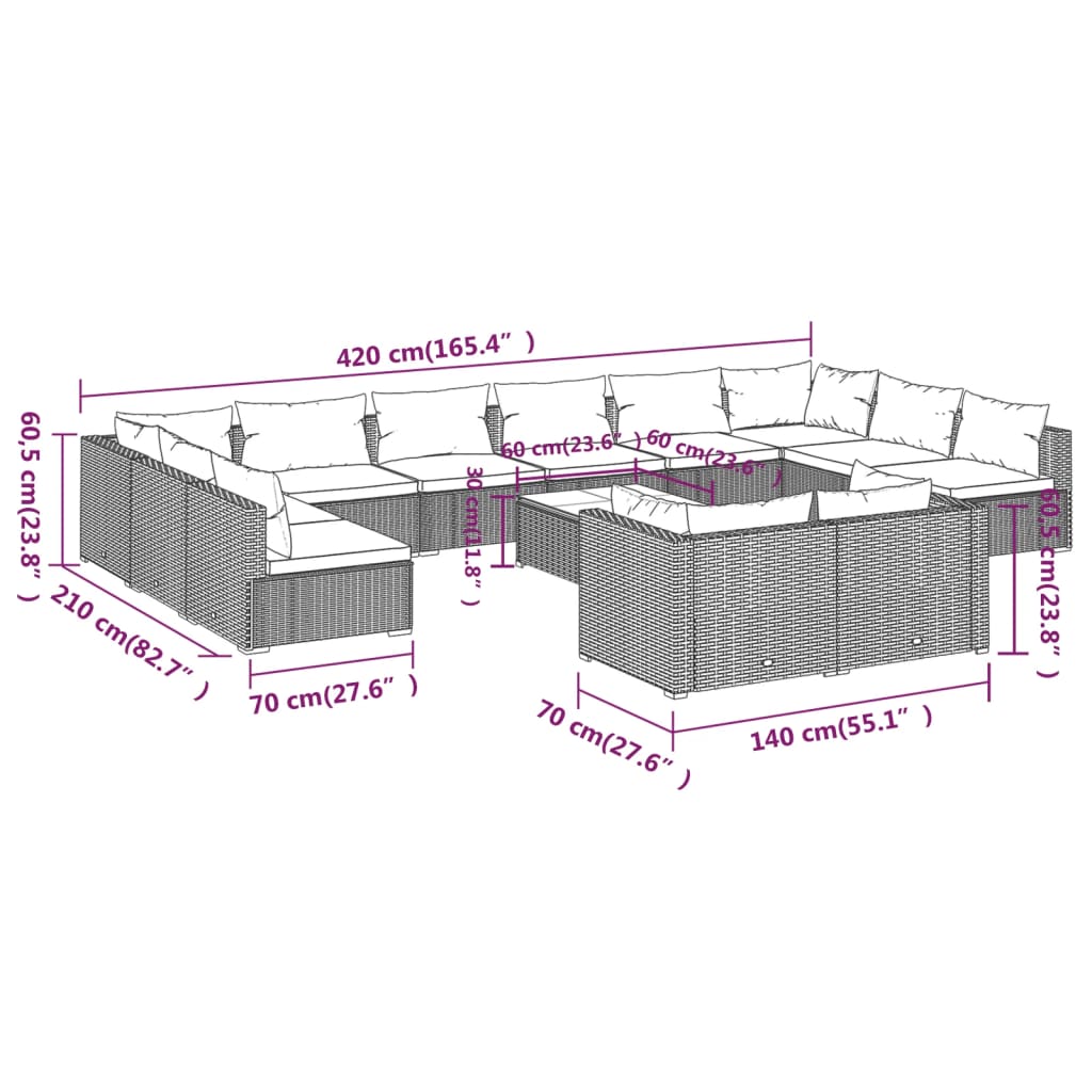 13-delige Loungeset met kussens poly rattan zwart