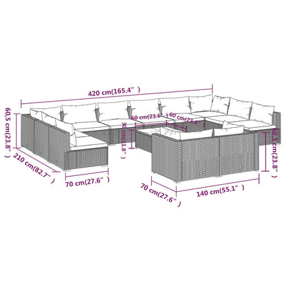 13-delige Loungeset met kussens poly rattan zwart
