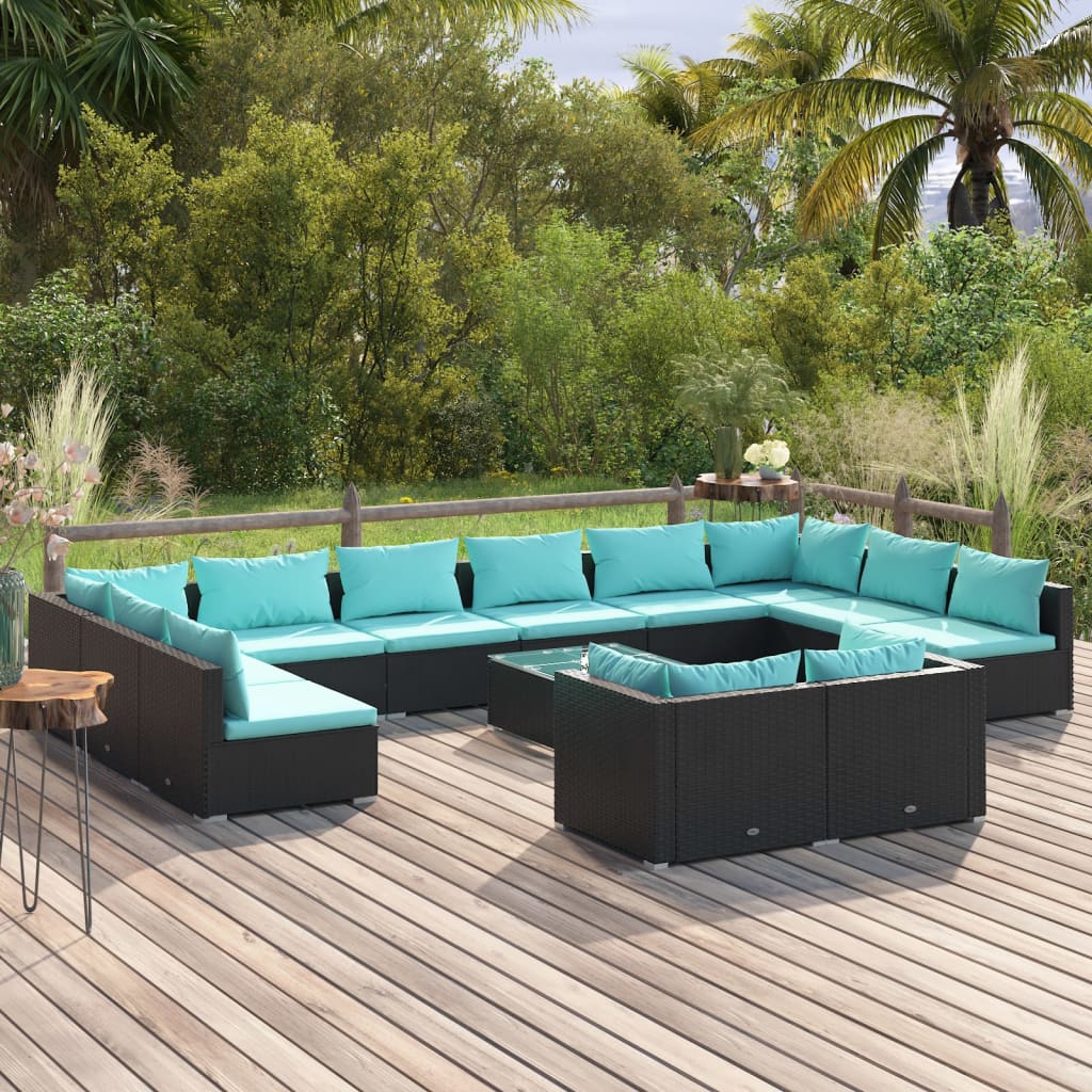 13-delige Loungeset met kussens poly rattan zwart