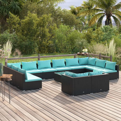13-delige Loungeset met kussens poly rattan zwart