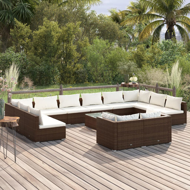 13-delige Loungeset met kussens poly rattan bruin Bruin en crème