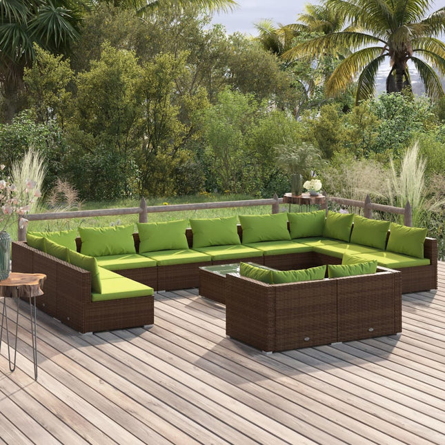 13-delige Loungeset met kussens poly rattan bruin Bruin en groen