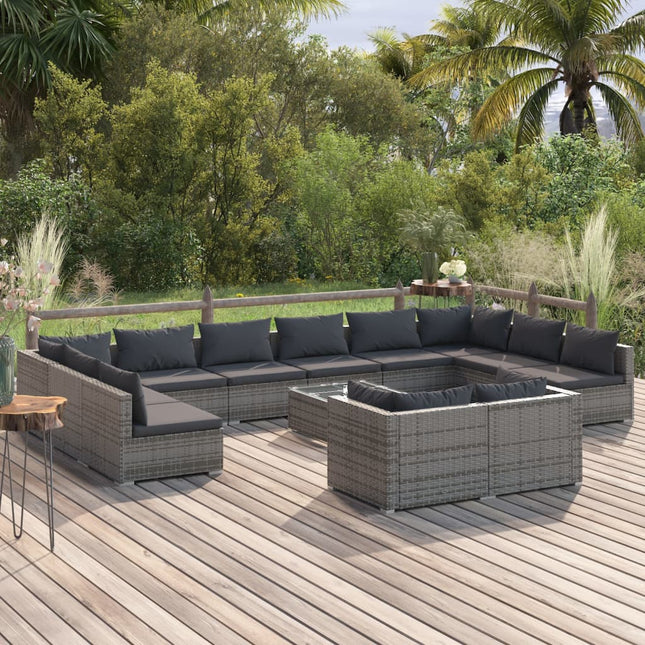 3-Delige Loungeset Met Kussens Poly Rattan Grijs En Antraciet 4x hoek + 8x midden + Tafel