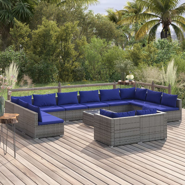 3-Delige Loungeset Met Kussens Poly Rattan Grijs En Donkerblauw 4x hoek + 8x midden + Tafel