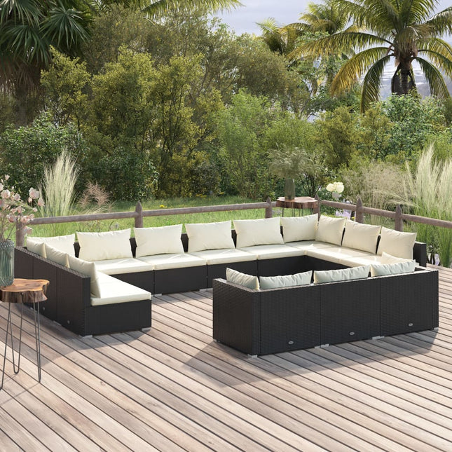 13-delige Loungeset met kussens poly rattan zwart Zwart en crème