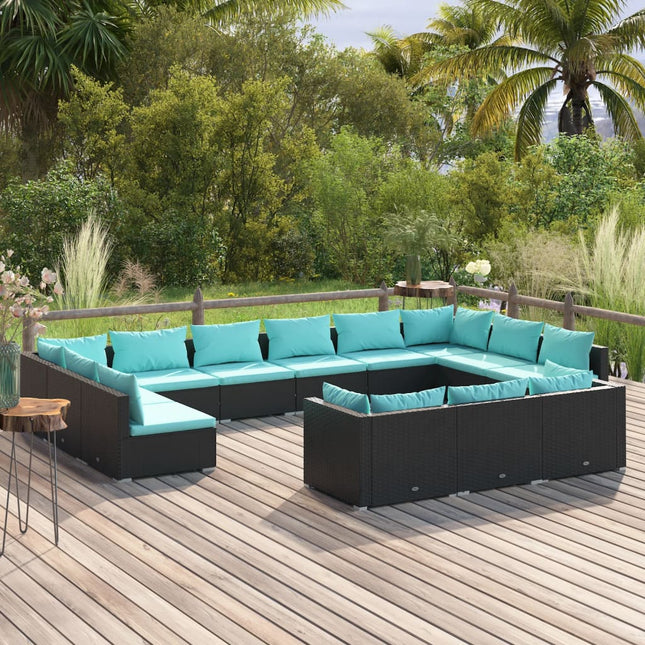 3-Delige Loungeset Met Kussens Poly Rattan Zwart En Waterblauw 4x hoek + 9x midden