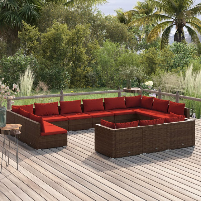 13-delige Loungeset met kussens poly rattan bruin 4x hoek + 9x midden