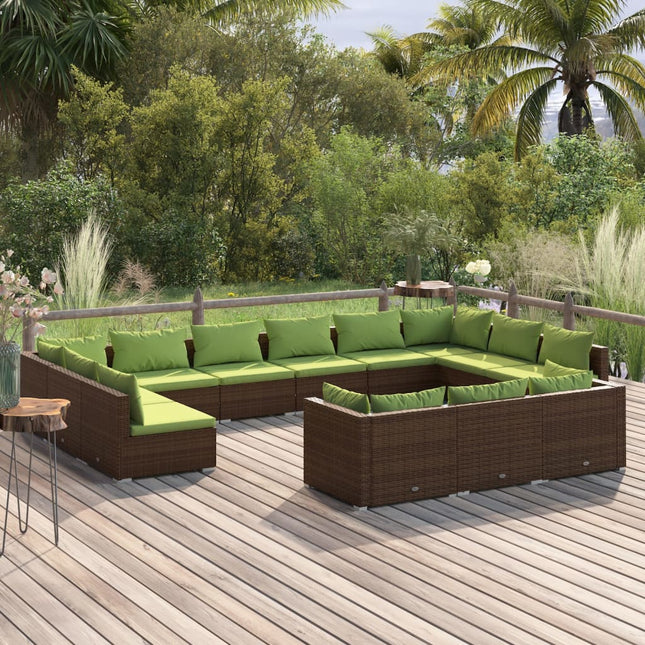 3-Delige Loungeset Met Kussens Poly Rattan Bruin En Groen 4x hoek + 9x midden