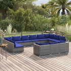 3-Delige Loungeset Met Kussens Poly Rattan Grijs En Donkerblauw 4x hoek + 9x midden